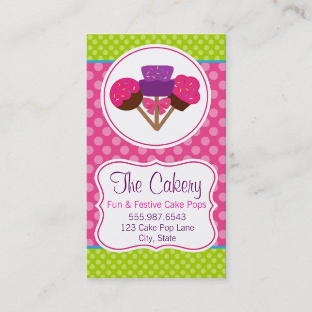 Trendy Polka Dot Cake Pop Cupcake Bakery Design Business Card (Front)
