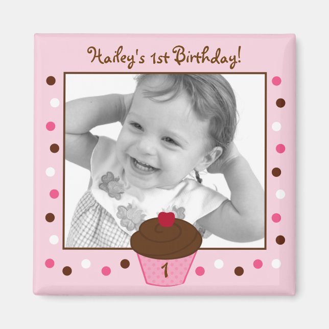 Trendy Polka Dot Cupcake Birthday Favor Magnets (Front)