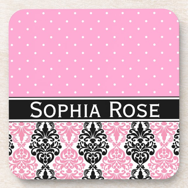 Trendy Polka Dot Damask Pattern with Name Beverage Coaster (Front)