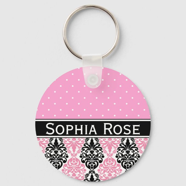 Trendy Polka Dot Damask Pattern with Name Keychain (Front)