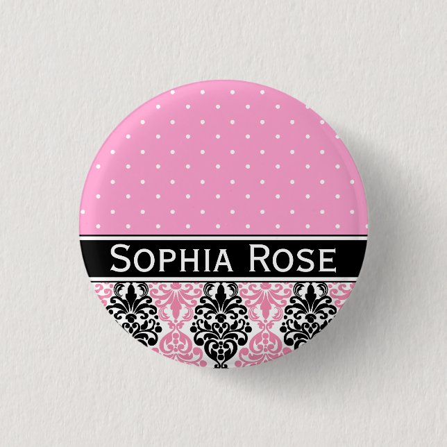 Trendy Polka Dot Damask Pattern with Name Pinback Button (Front)