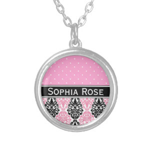 Trendy Polka Dot Damask Pattern with Name Silver Plated Necklace