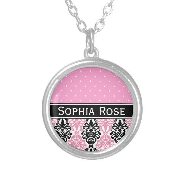 Trendy Polka Dot Damask Pattern with Name Silver Plated Necklace (Front)