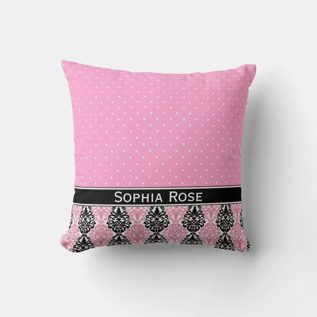 Trendy Polka Dot Damask Pattern with Name Throw Pillow (Front)