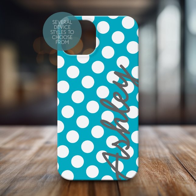 Trendy Polka Dot Pattern script name - blue gray Case-Mate iPhone Case (Personalized Phone Case with Polka Dots and Custom Name)