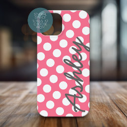 Trendy Polka Dot Pattern with name - pink gray iPhone 13 Pro Case