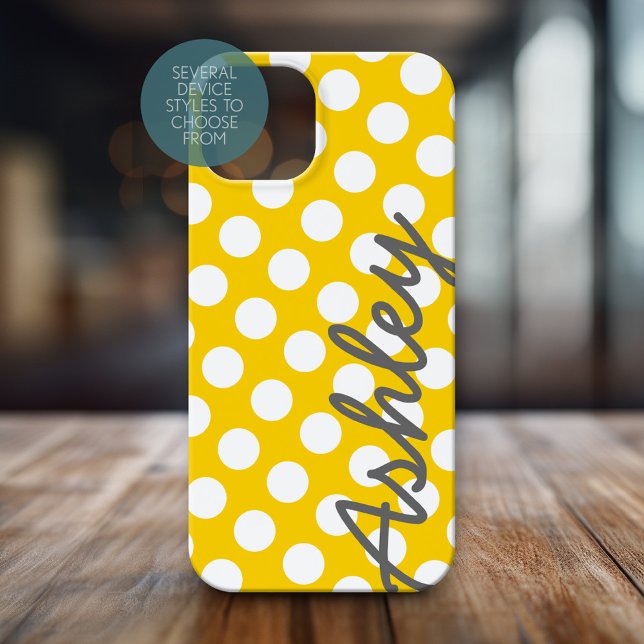 Trendy Polka Dot Pattern with name - yellow gray Case-Mate iPhone Case (Personalized Phone Case with Polka Dots and Custom Name)