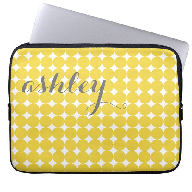 Trendy Polka Dot Pattern with name - yellow gray Laptop Sleeve (Front)