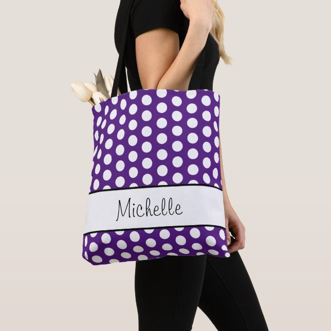 Trendy Polka Dots Pattern Purple White Tote Bag (Close Up)