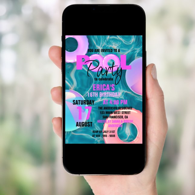 Trendy Pool Party Sweet 16 Birthday Celebration Invitation (Front Digital)