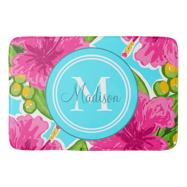 Trendy Preppy Style Hibiscus Monogram Name Bath Mat (Front)