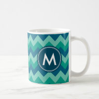 Trendy Preppy Teal Blue Chevron Monogram Coffee Mug