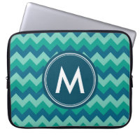 Trendy Preppy Teal Blue Chevron Monogram Laptop Sleeve