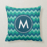 Trendy Preppy Teal Blue Chevron Monogram Throw Pillow
