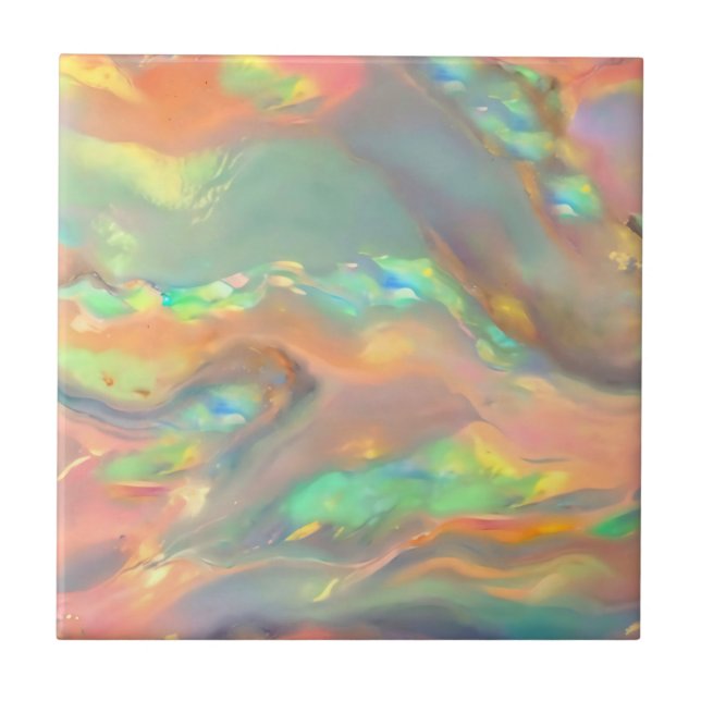 Trendy pretty colorful faux holographic opal ceramic tile (Front)