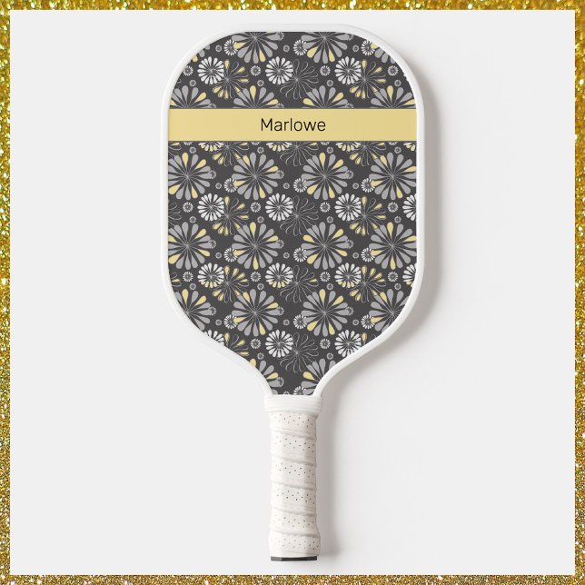Trendy Pretty Girly Gray and Yellow Floral Pickleball Paddle (Creator Uploaded)