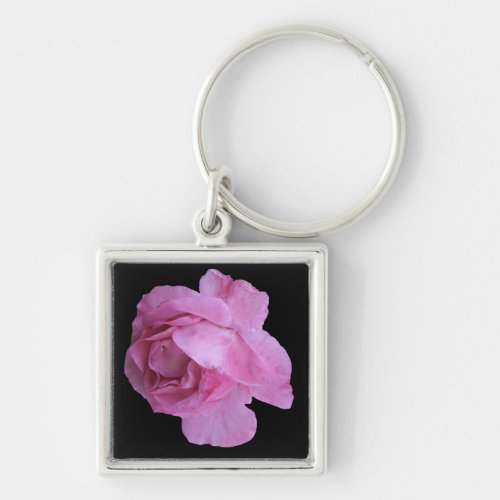 Trendy pretty pink French rose black boho floral Keychain