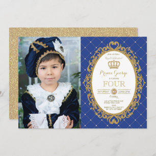 Trendy Prince Birthday Royal Blue Gold Party Photo Invitation