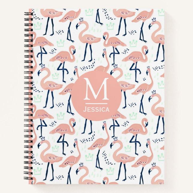 Trendy Princess Flamingo Pattern Monogram Notebook (Front)