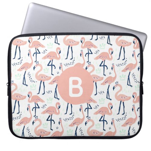 Trendy Princess Flamingo Pattern Monogram Pink Laptop Sleeve