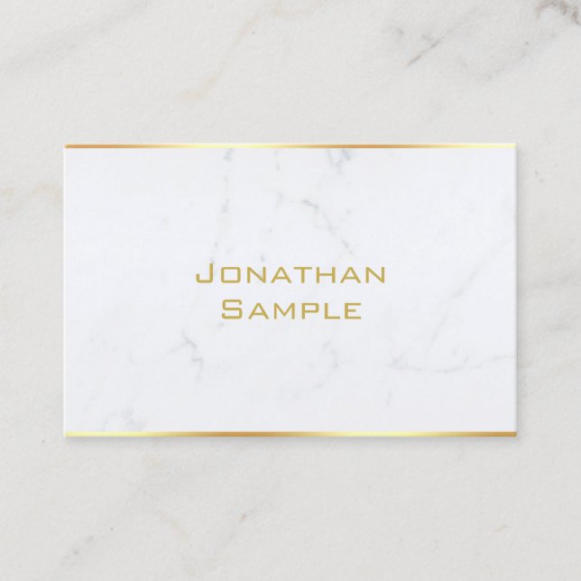 Trendy Professional Elegant White Marble Gold Text Business Card (Front)