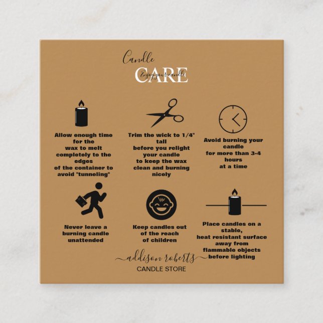 Trendy Professional Terracotta Boho  Candle Care Square Business Card (Front)