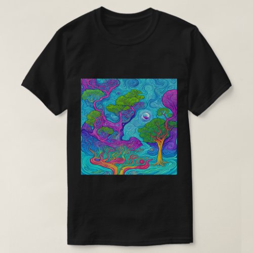 Trendy Psychedelic Fantasy Black T_Shirt Design 14