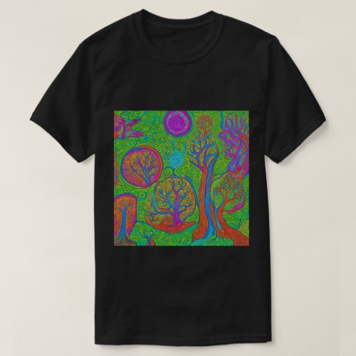 Trendy Psychedelic Fantasy Black T_Shirt Design 19