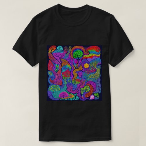 Trendy Psychedelic Fantasy Black T_Shirt Design 29