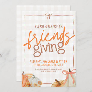 Trendy Pumpkin Bow Plaid Friendsgiving Invitation