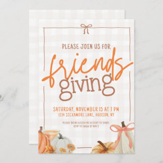 Trendy Pumpkin Bow Plaid Friendsgiving Invitation