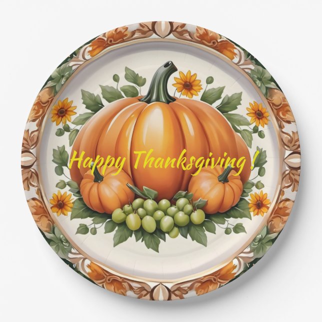 Trendy Pumpkin Thanksgiving Autumn Collection Paper Plates (Front)