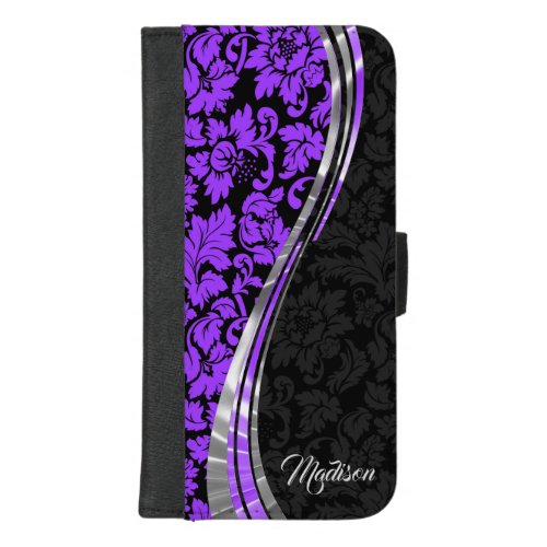 Trendy Purple And Black Damask iPhone 87 Plus Wallet Case