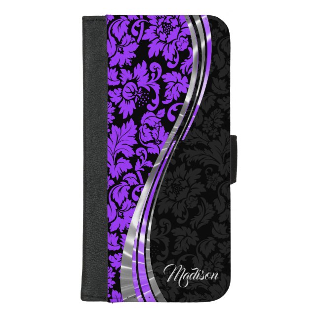 Trendy Purple And Black Damask iPhone Wallet Case (Front)
