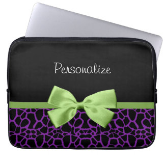 Trendy Purple And Black Giraffe With Green Ribbon Laptop Sleeve