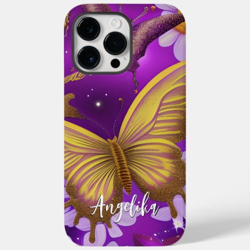 Trendy Purple and Gold Butterfly Custom Name Case_Mate iPhone 14 Pro Max Case