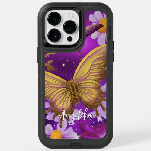 Trendy Purple and Gold Butterfly Custom Name OtterBox iPhone 14 Pro Max Case