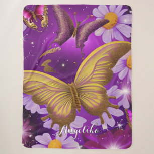 Trendy Purple and Gold Butterfly Custom Name Sherpa Blanket