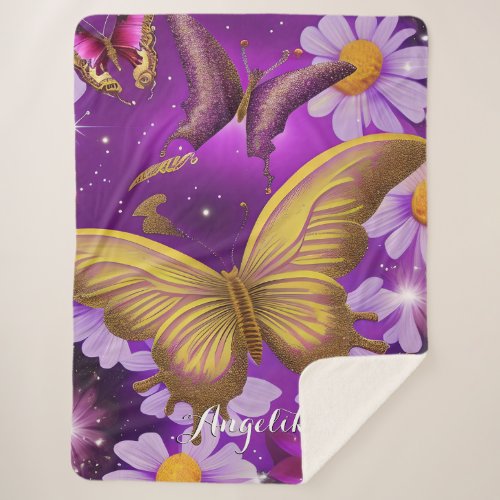 Trendy Purple and Gold Butterfly Custom Name Sherpa Blanket
