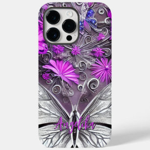 Trendy Purple and Silver Floral Butterfly Custom Case-Mate iPhone 14 Pro Max Case