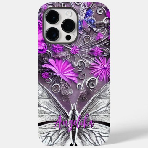 Trendy Purple and Silver Floral Butterfly Custom Case_Mate iPhone 14 Pro Max Case
