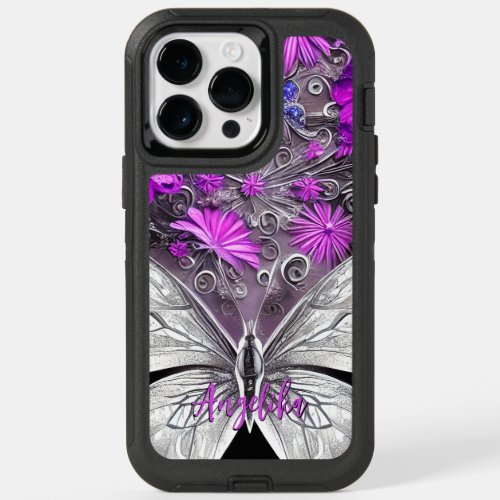 Trendy Purple and Silver Floral Butterfly Custom OtterBox iPhone 14 Pro Max Case