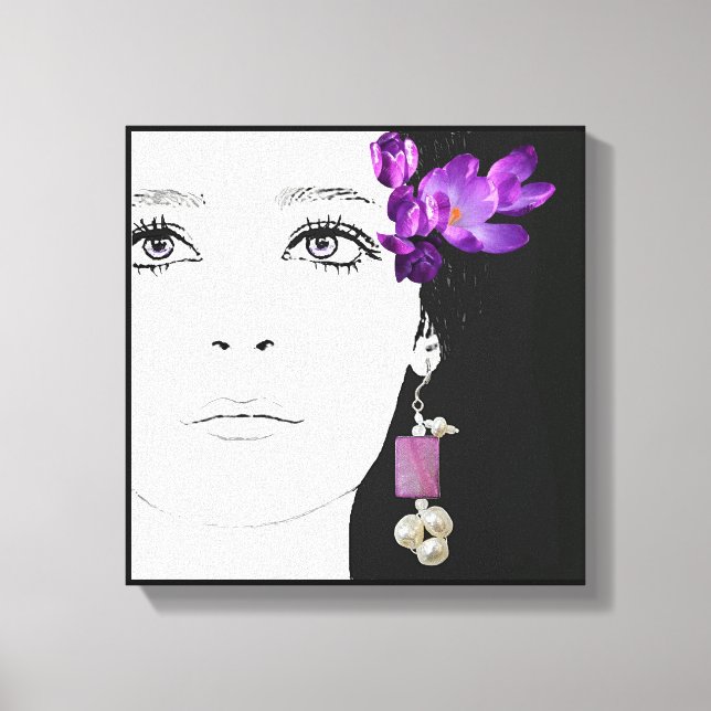 Trendy purple black floral fashion illustration  canvas print (Front)