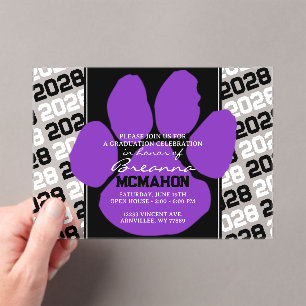 Trendy Purple & Black Graduation Pawprint Clear Acrylic Invitations