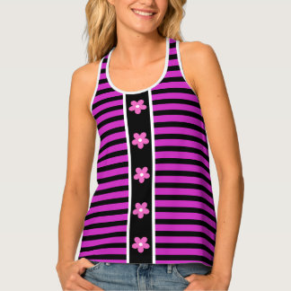 Trendy Purple & Black Stripes &Pink Flowers Custom Tank Top