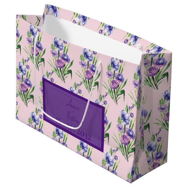 Trendy Purple Blue Floral Pattern Wedding Favor  Large Gift Bag (Front Angled)