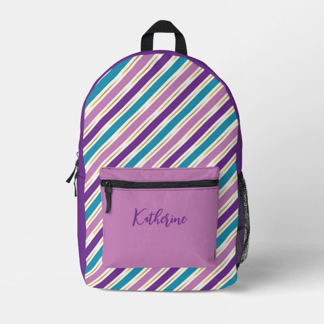 Trendy Purple & Blue Stripes – Personalized Name Printed Backpack (Front)