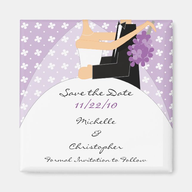 Trendy Purple Bride & Groom Save The Date Magnet (Front)