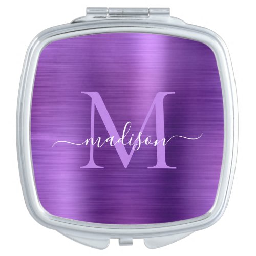 Trendy Purple Brushed Metal Monogram Girly Script Compact Mirror