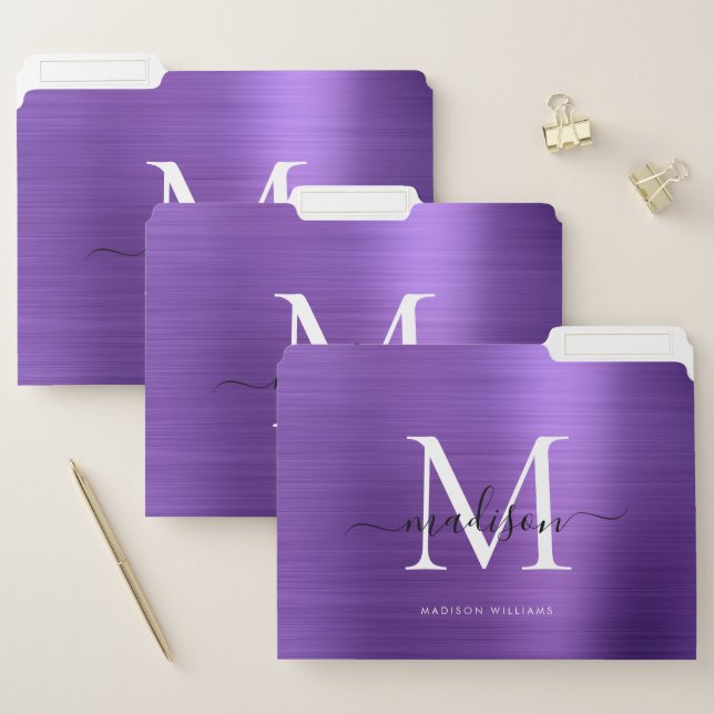 Trendy Purple Brushed Metal Monogram Script Name File Folder (Set)